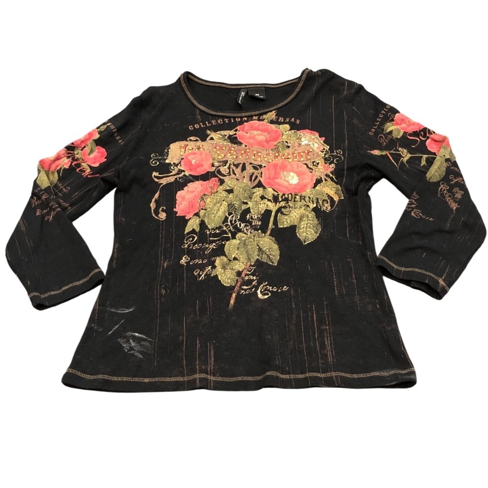 Y2K Top Womens PM Black Floral Graphic Long Sleeve Embellished New Directions